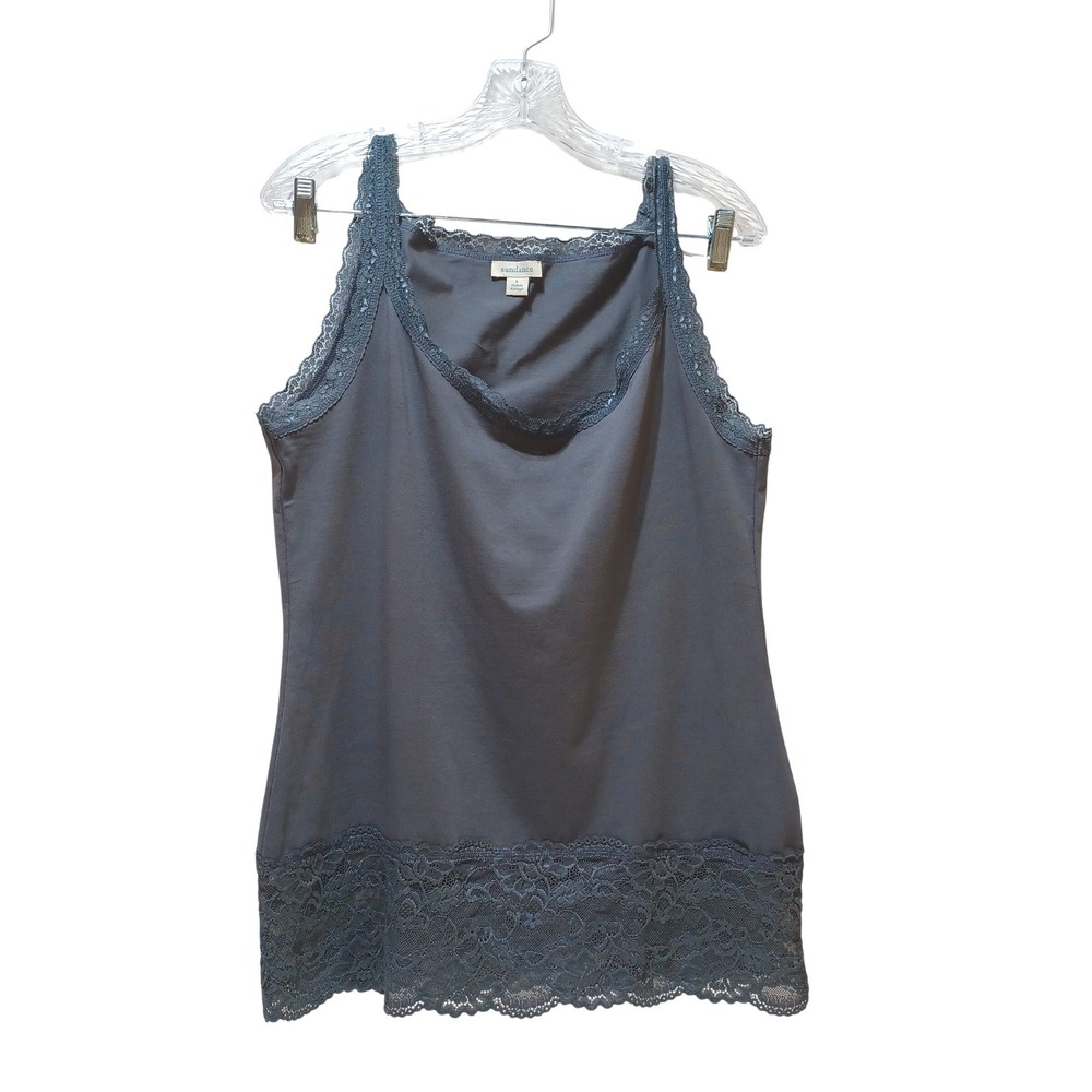 Sundance Womens L Blue Gray Lace Trim Stretch Tank Top Boho Romantic Layer